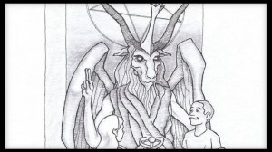 This artist's rendering provided by the Satanic Temple shows a proposed monument that the New York-based Satanic group wants to place at the Oklahoma state Capitol. The statue features a bearded, goat-headed demon sitting in a pentagram-adorned throne with children next to it.